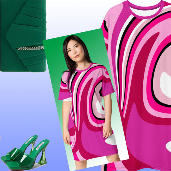 PinkTshirtDressAndGreenMules2000