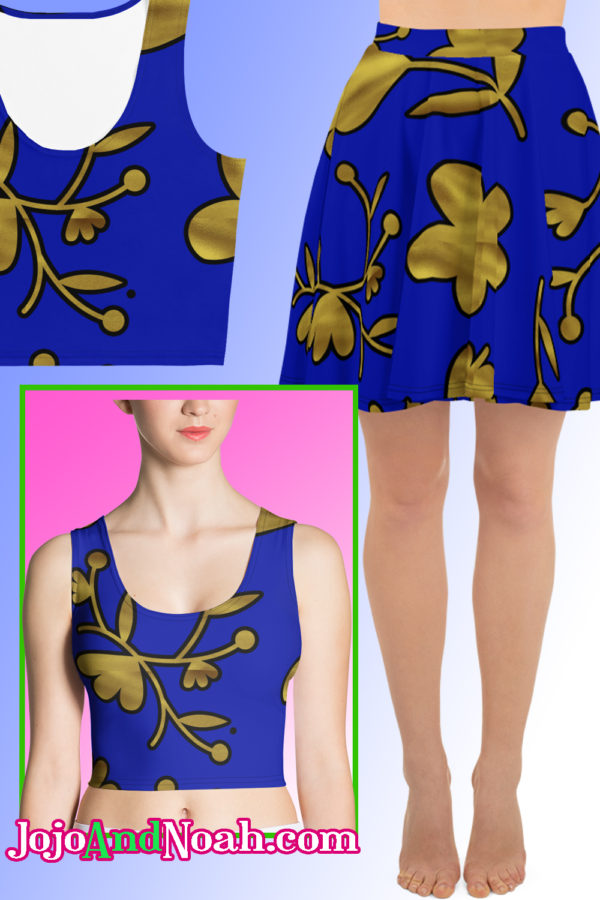 printed crop top, blue skater skirt