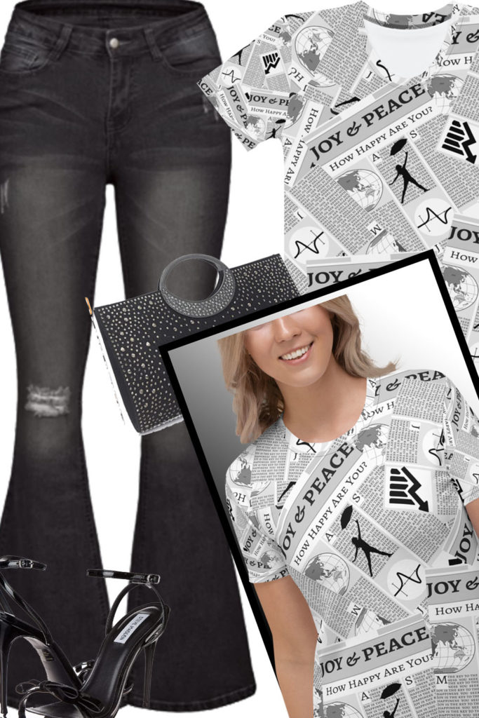 BlackAndWhiteOutfit NewspaperShirtAndFlarePants